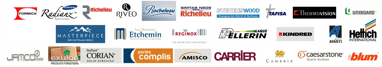 Partenaires et matériaux : Blum, Caesarstone, Corian, Richelieu, Formica